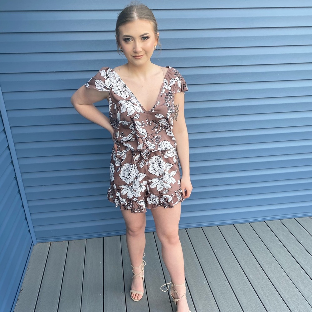 Brown and black floral romper